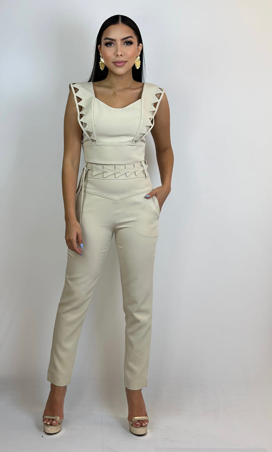 Monet Tailored Pants with Geometric Detail Belt