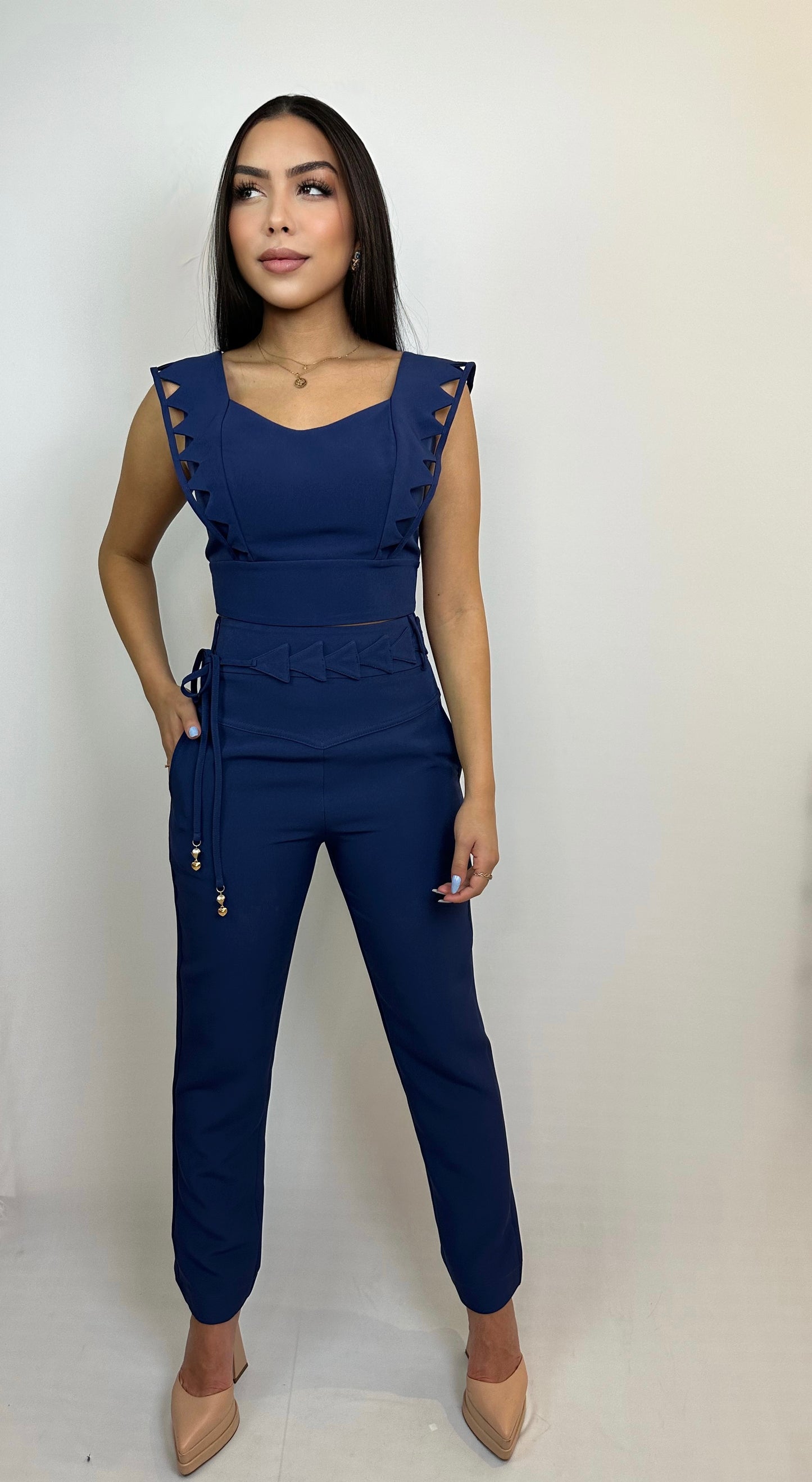 Monet Tailored Pants with Geometric Detail Belt